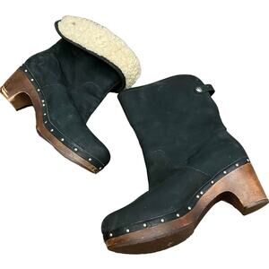 UGG Shearling Clog Boots Womens 9 Black Leather Wooden Heel Studded -